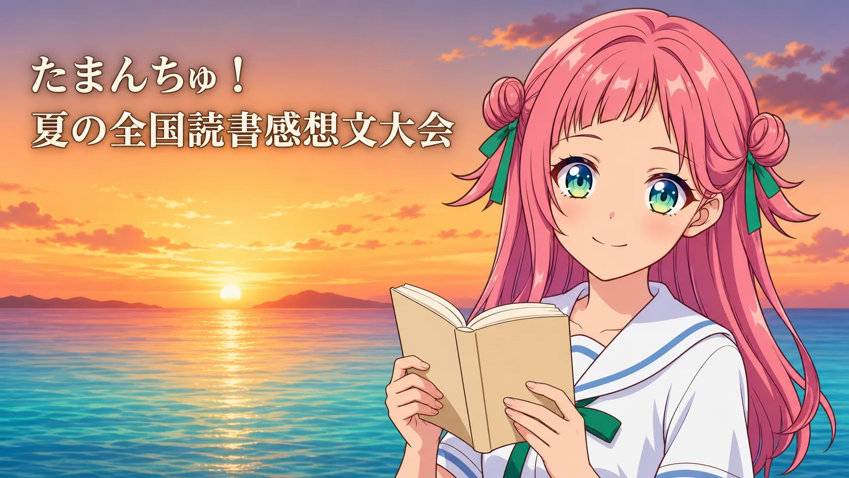 夏の夕焼けの沖縄の海を背景に、文庫本を開いて微笑むありあ